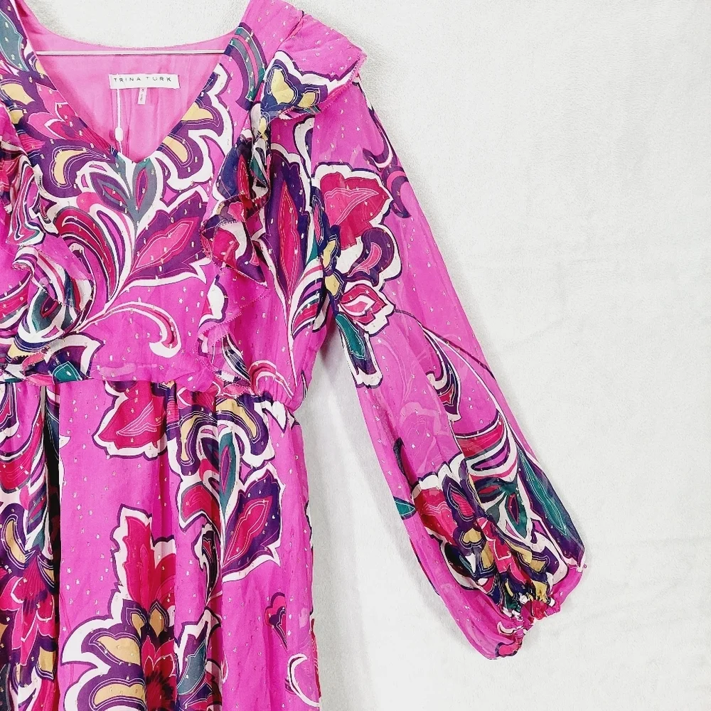 New Trina Turk Women's Pink Silk Ruffled Balloon Sleeve A Line Dress P2592